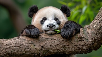 Obraz premium A close-up of a panda resting on a tree branch, munching on bamboo.