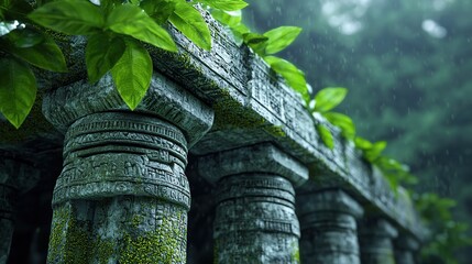 A close-up of ancient stone pillars adorned with lush green leaves in a misty forest.