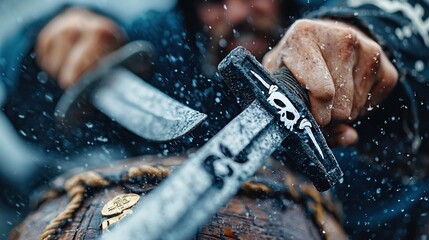 A close-up of hands wielding swords over a barrel, evoking a pirate theme in a snowy setting.
