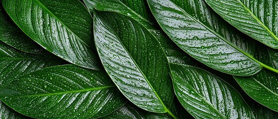 Fototapeta premium A close-up view of vibrant green leaves with droplets of water, showcasing nature's beauty.