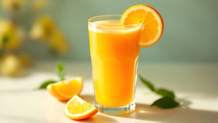 Freshly squeezed orange juice in a glass with a slice of orange, offering a refreshing, vitamin-rich drink perfect for a healthy start to the day or a revitalizing boost.
