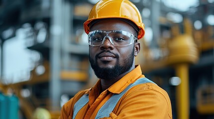 A confident worker in safety gear poses in an industrial environment.