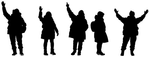 Silhouettes of People Waving in Winter Clothing