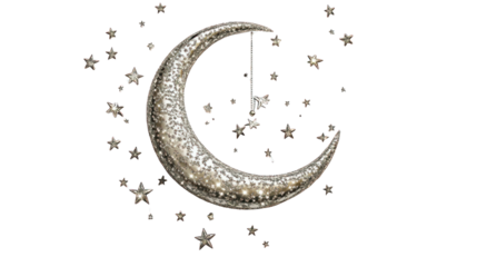a silver crescent moon ornament surrounded