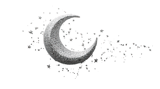 a silver crescent moon ornament surrounded