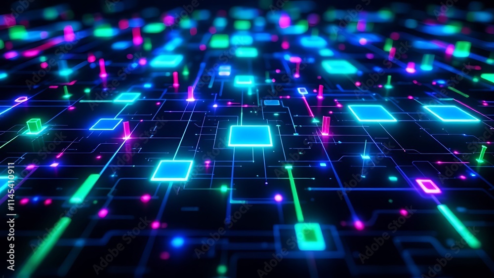 Poster futuristic data matrix with neon colors and glowing effects, representing advanced technology, digit