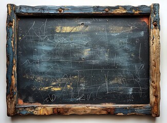 A rustic, reclaimed wood frame encases a dark slate surface, etched with abstract markings and faded gold accents.  The piece evokes a sense of age and history.