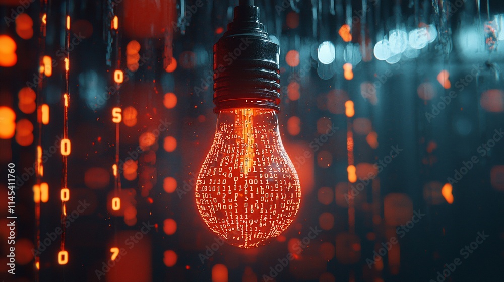 Poster Glowing lightbulb filled with binary code, raining digits.