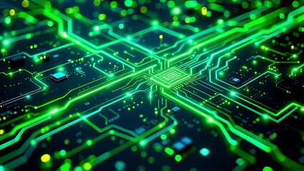 Obraz premium Futuristic green circuit board with data streams, symbolizing advanced technology, digital connectivity, and high-speed data processing in a high-tech, virtual environment.