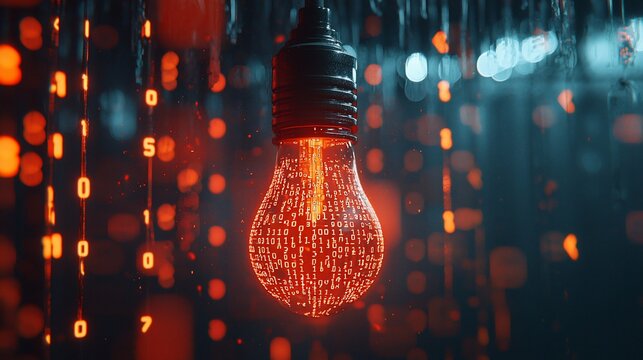 Glowing lightbulb filled with binary code, raining digits.