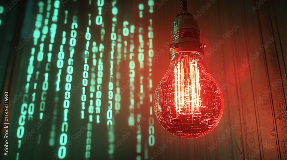 Poster Red lightbulb glowing with binary code in background.