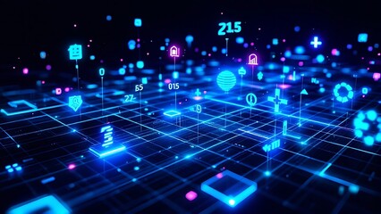 Futuristic holographic matrix with floating data symbols, representing advanced digital technology, virtual data environments, and cutting-edge innovation in a high-tech, futuristic world.