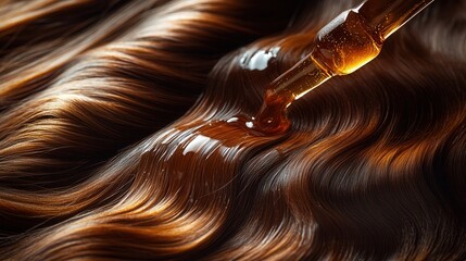 A dropper applying oil onto shiny, wavy hair, highlighting hair care and nourishment.