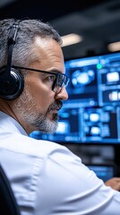 A focused professional analyzing data on multiple screens in a tech environment.