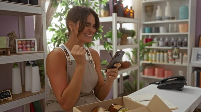 Woman smiling in a home decor store using a phone, standing near neatly arranged shelves with various decorating items and a telephone