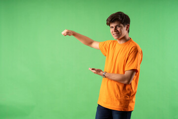 Young person expressing various emotions and body pains, pointing, using a cellphone, with colored...