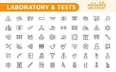 Laboratory and Tests Icon Set. A precise collection of icons for scientific testing and research, perfect for enhancing educational materials, lab websites, and health applications.