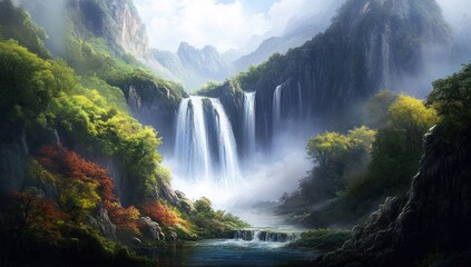 Fototapeta premium Serene Waterfall in a Misty Mountain Valley