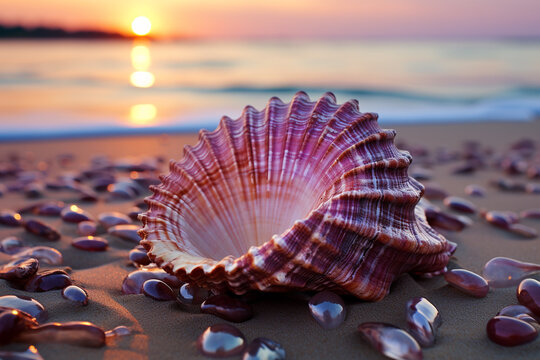 Captures vibrant color beauty of a seashell peacefully lying on sandy beach at sunrise, illuminated by soft light and gentle ripples