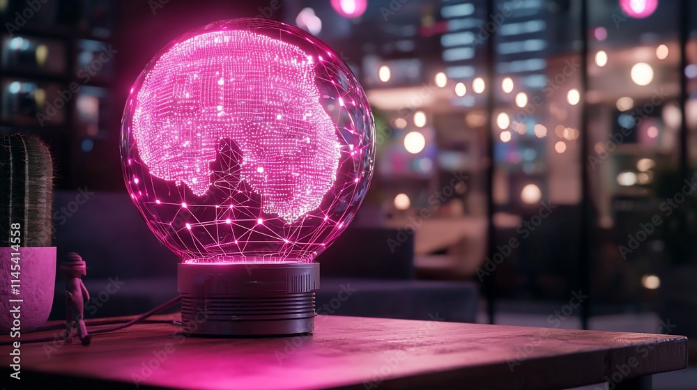 Poster glowing globe on wooden table in modern setting.