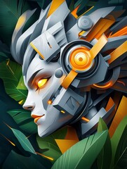 Futuristic robot portrait digital art tech aesthetic vibrant jungle background close-up view innovation concept