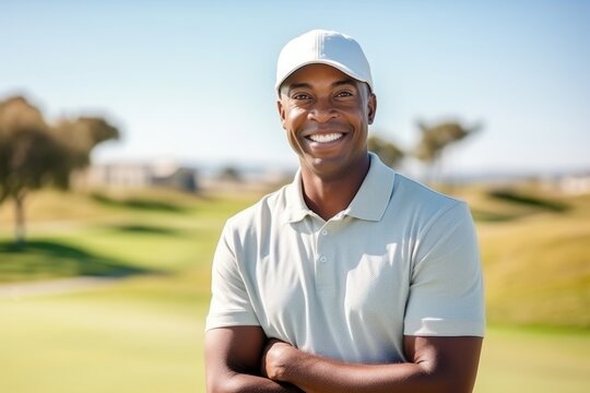 Portrait of a happy african american golfer standing with arms crossed on golf course
