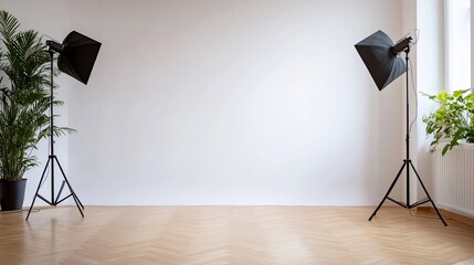 Minimalist studio setup with lighting and plants for photography.