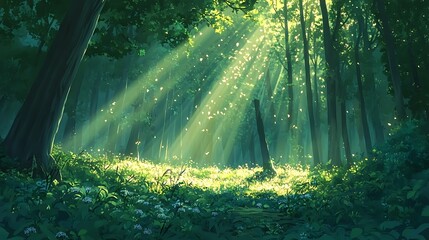 Obraz premium Sunlight filtering through thick green leaves in a dense forest, casting beautiful patterns of light on the ground while the forest slowly awakens with the dawn 