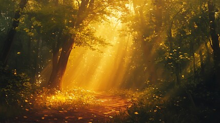 The soft, golden light of early morning filtering through a dense forest, casting a magical glow on the surrounding leaves and the quiet woodland path below 