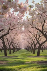 Fototapeta premium A picturesque cherry orchard in full bloom during springtime, with rows of cherry trees covered in white and pink blossoms