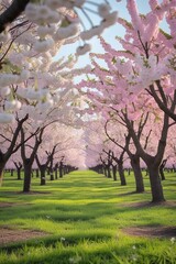 Fototapeta premium A picturesque cherry orchard in full bloom during springtime, with rows of cherry trees covered in white and pink blossoms