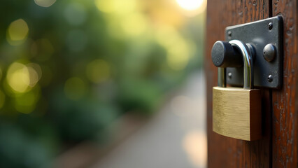 Secure Serenity: A golden padlock on a wooden gate, bathed in soft sunlight, guards a tranquil garden.