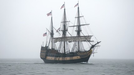 A majestic three-masted sailing ship navigates a foggy sea.