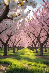 Naklejka premium A picturesque cherry orchard in full bloom during springtime, with rows of cherry trees covered in white and pink blossoms