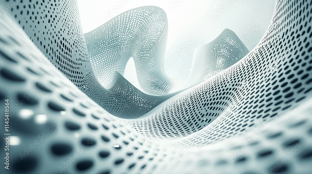 Poster abstract 3d rendering of a flowing, perforated metal surface.
