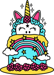 Hand-drawn cute unicorn cake illustration