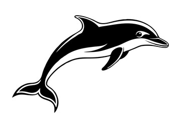 Fototapeta premium A dolphin jumping out of water, flat vector design silhouette on white background