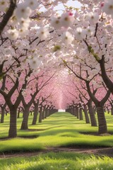 Obraz premium A picturesque cherry orchard in full bloom during springtime, with rows of cherry trees covered in white and pink blossoms