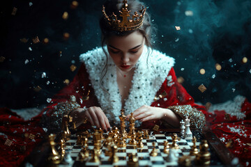 Queen's Gambit: A Portrait of Power, Strategy, and Royal Intrigue. A woman in a red gown and golden crown plays chess, surrounded by falling confetti. Sense of mystery and magic.