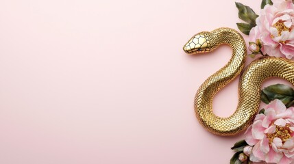 Fototapeta premium A golden snake intertwines with delicate pink flowers against a soft pink background, creating an elegant and artistic composition.