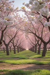Obraz premium A picturesque cherry orchard in full bloom during springtime, with rows of cherry trees covered in white and pink blossoms