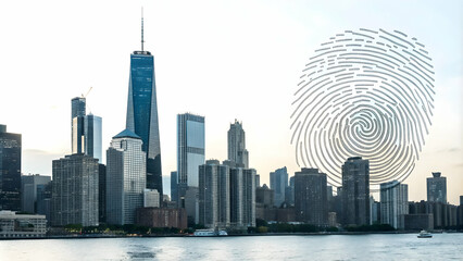 Obraz premium City Skyline with Transparent Fingerprint Overlay for Secure Identity Concept