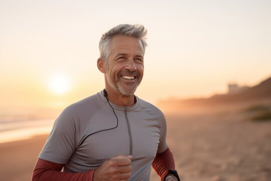 Portrait of a smiling senior man jogging on the beach at sunrise