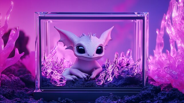 Cute fantasy creature in glass cube, neon lights.