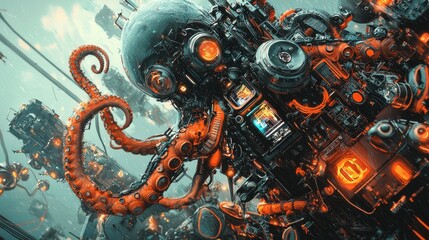 Cyberpunk octopus engineer in a futuristic cityscape glowing tools and high-tech gadgets low-resolution artwork sci-fi environment wide-angle viewpoint unique concept for digital art enthusiasts