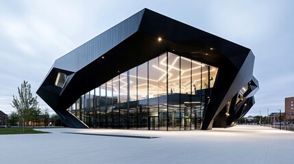 Modern architectural building with striking black design and glass.