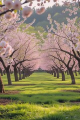 Fototapeta premium A picturesque cherry orchard in full bloom during springtime, with rows of cherry trees covered in white and pink blossoms