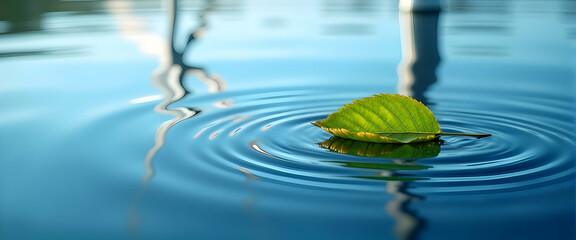 Serene leaf floats gently on tranquil blue water, creating mesmerizing ripples.  Peaceful nature scene.