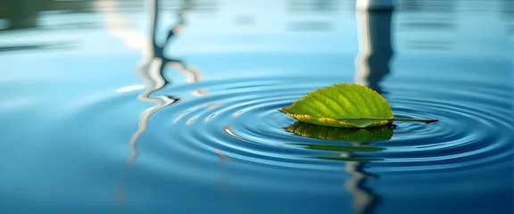 Fotobehang Zen Serene leaf floats gently on tranquil blue water, creating mesmerizing ripples.  Peaceful nature scene.  © StockPick