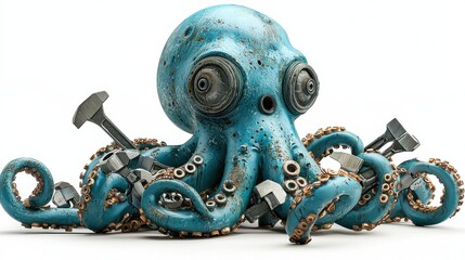 An octopus testing induction tools with multiple wrenches in a low-resolution setting for creative mechanics exploration